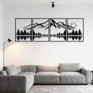 Décoration murale en acier inoxydable découpé au laser, style Art déco, 4 pièces, grande taille, sculpture de paysage en métal noir pour salon - Product Image 3