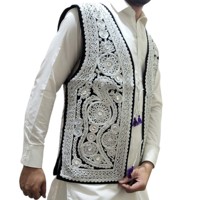Gilet brodé Waskat pour homme afghan, motif géométrique artisanal, tenue formelle, noir, jaune, blanc, col en V, simple boutonnage