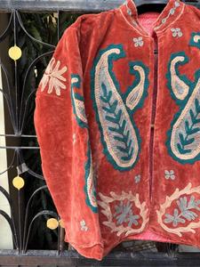 Luxury Red <b>Velvet</b> Embroidered <b>Jacket</b> With Paisley Pattern Full Sleeve Stand Collar Handmade Bohemian Winter Outerwear - Product Image 2