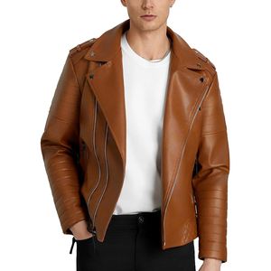 Men's Brown PU Leather Moto <b>Jacket</b> <b>Slim</b> <b>Fit</b> Turn-down Collar Zipper Closure Regular Sleeve Autumn Style - Product Image 2
