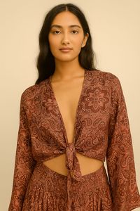 Robe longue bohème en soie tissée à imprimé cachemire, col en V, ensemble deux pièces avec haut sans manches à découpes et jupe plissée pour l'été - Product Image 1