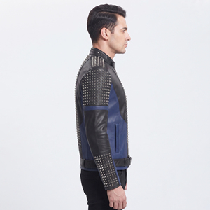 Men's Premium Genuine Leather <b>Studded</b> Biker Jacket with Stand Collar Waterproof Front Logo - Product Image 3