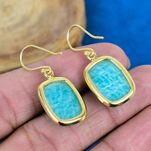 Natural Blue Amazonite Cushion Shape Gemstone Dangle Hook Earring 18k Gold Micron Over 925 <b>Sterling</b> <b>Silver</b> - Product Image 4
