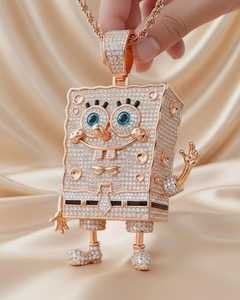 Colgante de Lujo Estilo Hip Hop de Plata 925 Bañada en Oro con Moissanita VVS de Personaje de Dibujos Animados Bob Esponja - Product Image 4