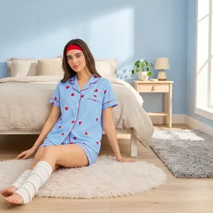 Ensemble de pyjama pour femmes à manches courtes avec imprimé cœur rayé, en coton, vêtements de nuit d'été, col rabattu mignon, short à boutons - Product Image 3