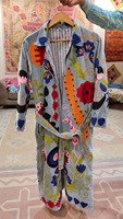 Robe Kimono Longue en Velours de Coton Fait Main, Col en V, Manches Longues, Imprimé Floral, Poches en Dentelle, Taille Naturelle, Vente en Gros Fabricant