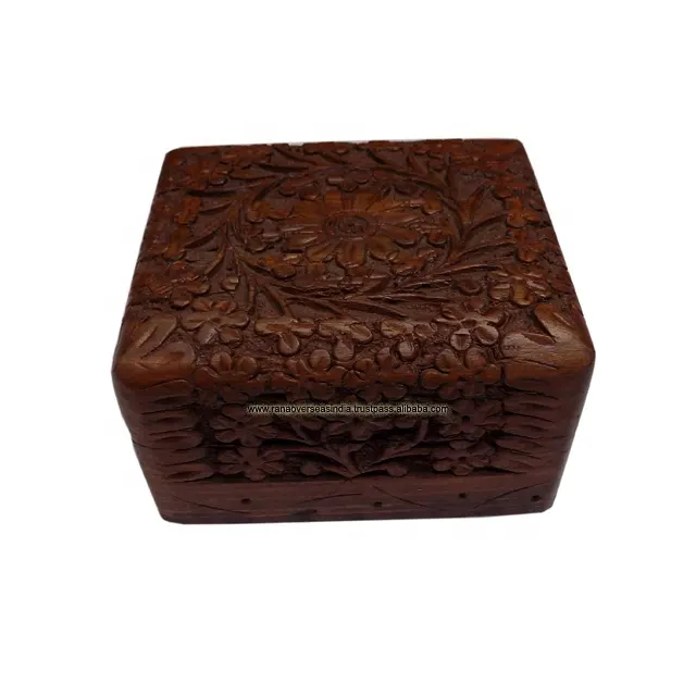 Handmade Wooden Jewellery Trinket Storage Box With Hand Carving In Square Shape For Women Jewels