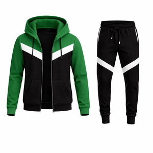 Conjunto de chándal con capucha y cremallera en contraste verde y negro para hombre, con diseño de rayas en V y pantalones deportivos ajustados, conjunto deportivo informal - Product Image 2