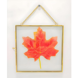 Cadre photo carré en métal avec design de fleurs pressées, chaîne dorée pour accrocher, décoration murale, cadre photo à suspendre, verre transparent - Product Image 3