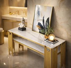 Modern Brass <b>Console</b> <b>Table</b> With <b>Marble</b> Top Rectangle Contemporary Entryway Decor Indoor Home Accent Piece - Product Image 2