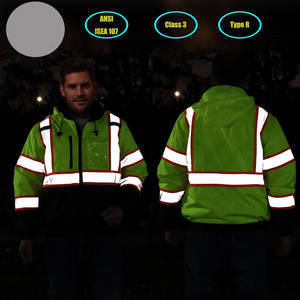High Visibility Hooded Work <b>Jacket</b> Men's <b>Waterproof</b> Reflective Striped Zip Up <b>Winter</b> Safety Coat - Product Image 3