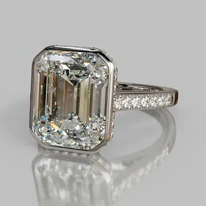 Tishya Diamond 5.20 TCW <b>Emerald</b> Cut Three Stone Bezel Setting IGI Certified Vintage Engagement <b>Ring</b> 14K White Gold <b>Silver</b> Plated - Product Image 3