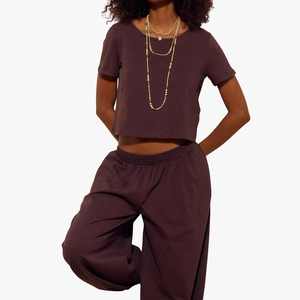 Nouveautés Y2K Ensemble 2 pièces pour femmes, haut court à manches courtes, pantalon large, couleur unie, coupe ample, décontracté, toutes saisons, tenue en coton - Product Image 3