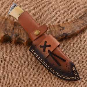 Cuchillo de Caza de Acero de Damasco con Punta Caída, Mango de Hueso, Funda de Cuero, Hoja Fija, Supervivencia al Aire Libre, Táctico, OEM - Product Image 5