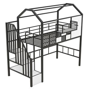 Letto a soppalco doppio in metallo nero con design del tetto unico e contenitore portaoggetti per camerette dei bambini - Product Image 6
