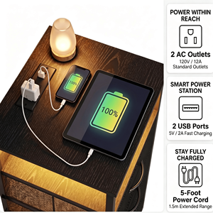 Comodino Moderno con Luce LED, 3 Cassetti in Tessuto, Prese AC, Porte USB e Ripiano Aperto - Product Image 3