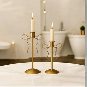 Brass Candlestick <b>Holder</b> Set With <b>Bow</b> Design For Valentine'S Day Home Decoration - Product Image 1