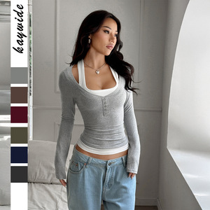 T-shirt à manches longues pour femme, style Y2K Hot Girl, col en V, coupe ajustée, sans repassage, transfrontalier Europe-Amérique - Product Image 3