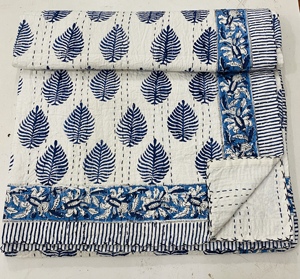 Silkgram Hand Block Printed Cotton Kantha <b>Quilt</b> Foliage Pattern Blue White Home Decor <b>Throw</b> Blanket All-Season Eco-Friendly - Product Image 3