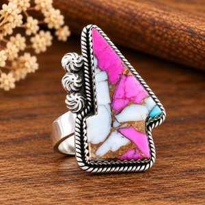 Cotton Candy <b>Turquoise</b> Lightning Bolt Stretch Silver <b>Ring</b> Western Rose Boho Statement Gemstone Jewelry Fashion <b>Ring</b> for Women - Product Image 4