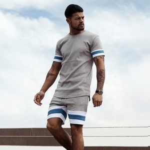 T-shirt et Shorts pour hommes, ensemble double taille slim, Design personnalisé, avec nervures, été 2022 - Product Image 2