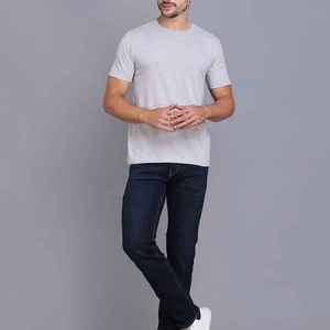 T-shirt en coton gris à col rond et manches courtes pour homme, coupe classique, couleur unie, tricot décontracté - Product Image 3