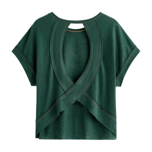 Camiseta de Punto Holgada para Mujer, Color Verde Oscuro, Espalda Cruzada, Manga Corta, Diseño Asimétrico, para Primavera/Verano, Gimnasio - Product Image 1