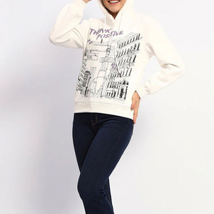 Sweat à capuche crème pour femme avec imprimé urbain et motif lettres 'Think Positive', style décontracté pour l'automne, 100% coton tricoté, manches longues - Product Image 4