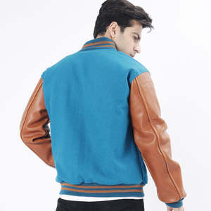 Veste de sport en laine bleue pour homme avec manches en cuir marron, col rabattu, vêtement décontracté pour l'automne - Product Image 2