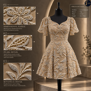 Tissu de robe perlé couleur champagne avec motifs floraux botaniques en relief |   Textile décoratif pour robes de mariée, vêtements de soirée, tenues formelles - Product Image 5
