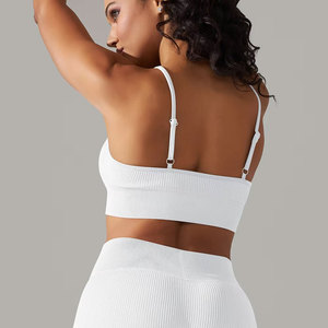 High Elastic-Closure 2-Piece Yoga <b>Set</b> <b>Square</b> Neck Racerback Ribbed Seamless Eco-Friendly Spandex Crop Top Sleeveless Shorts 220g - Product Image 4