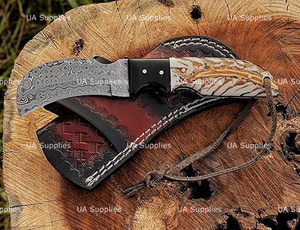 มีดทำมือเหล็กดามัสกัสเกรดอุตสาหกรรม ใบมีดแบบ Fixed Blade ปลายแหลม สำหรับพกพาและตั้งแคมป์ ด้ามจับรูปทรงกรวยสน พร้อมปลอกมีด - Product Image 6