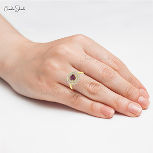 Wholesale Supplier 14k Solid <b>Gold</b> Natural 0.74 Ct Round Cut Rhodolite Garnet <b>Cocktail</b> <b>Ring</b> with Pave Diamond Halo <b>Ring</b> - Product Image 5