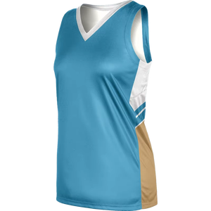 Custom Sublimation Basketball Jersey Women Sleeveless Teal Blue Gold White Quick Dry Breathable Side Panel Team Sports Uniform - Product Image 1