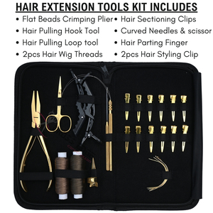 Premium Gold Hair <b>Extension</b> Technician Toolkit with Professional 7 Inch Flat <b>Bead</b> Crimper Removal Tool Mini Scissor Wig Thread - Product Image 2
