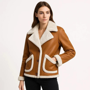 Women's Genuine Sheep RAF <b>Bomber</b> <b>Jacket</b> Fake Fur <b>Shearling</b> Dyed Customized Color Logo Silk Lining Quick Dry High Quality Thick - Product Image 2
