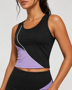 Top Deportivo Corto para Mujer, Estilo Racerback, Cuello Redondo, Bloques de Color, Costuras Asimétricas en Contraste, Secado Rápido, Spandex - Product Image 1