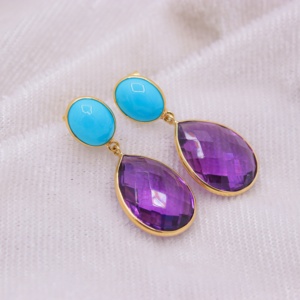 Pendientes Colgantes de Oro Amarillo Sólido de 18K con Perlas Naturales, Amatistas y Turquesas, Joyería Fina, Memoria Jewels - Product Image 2