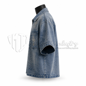 Camisa de mezclilla personalizada para hombre, de manga corta, con cremallera completa, con pedrería, estilo urbano, fabricante OEM de marca privada - Product Image 4