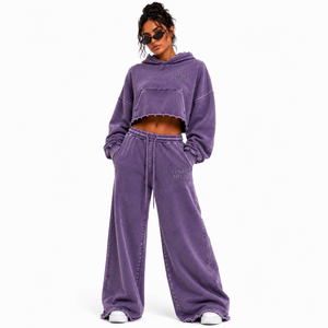 Conjunto Deportivo de Sudadera con Capucha Corta y Pantalones Anchos de Felpa Francesa, Lavado Ácido, Color Morado, 100% Algodón, Marca ONE APEX para Mujer - Product Image 5