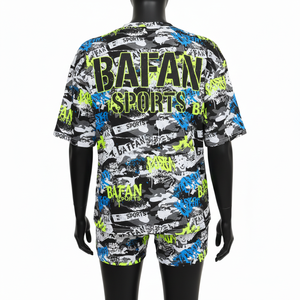 Ensemble T-shirt et short en coton et polyester tricoté de haute qualité pour femme, imprimé graffiti, logo personnalisé, 100% coton - Product Image 2