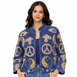 Embroidered Velvet Bomber <b>Jacket</b> Eco-Friendly Quilted Peace Yin Yang Pattern Full Sleeve Stand Collar Covered Button Women's - Product Image 1
