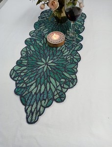 Handmade Embroidered Fabric <b>Table</b> <b>Runner</b> Leaf Shape <b>Green</b> Bohemian Design Decorative Mat - Product Image 1