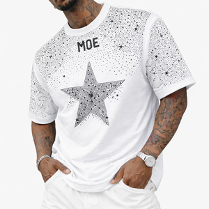 Camiseta Blanca de Lujo para Hombre con Gráfico de Estrella de Diamantes de Imitación, Oversize de Algodón, Estilo Urbano, con Cristales, Moda, Marca Privada OEM USA - Product Image 1