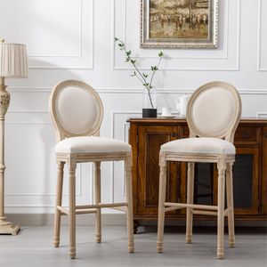 Set di 2 Sgabelli da Bar in Stile Country Francese in Legno con Seduta Imbottita Beige - Product Image 1