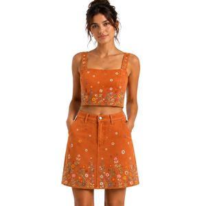 Conjunto de Top Corto y Falda Bordados en Color Naranja Quemado para Mujer, Diseño Floral de Verano, Dos Piezas, Logotipo Personalizado, Ropa al Por Mayor - Product Image 1