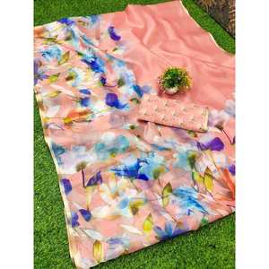 IMPRESIÓN DIGITAL DE SEDA SUAVE A LA MODA CON BORDE DE TEJIDO DE ORO TRABAJO SAREE CON BLUSA DESECHADA MELOCOTÓN - Product Image 1