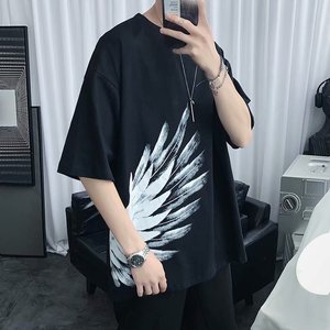 เสื้อยืดสีขาวขนาดใหญ่พิเศษสำหรับผู้ชาย พิมพ์ลายปีกสีดำ แขนสั้น คอกลม สวมใส่สบาย ทรงหลวม ระบายอากาศได้ดี ผลิตจากผ้าฝ้ายเจอร์ซีย์ - Product Image 4