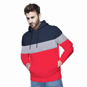 Men's Color Blocking <b>Hoodie</b> Regular Fit Knitted Cotton Casual Sweatshirt <b>Red</b> Navy Stripe Design Autumn Wear - Product Image 4