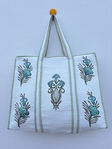 Fashionable <b>White</b> Cotton Tote <b>Bag</b> With Blue Floral Embroidery Panelled Bohemian Style Open Top Shopping <b>Bag</b> For Women All Season - Product Image 4
